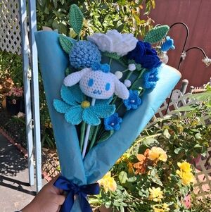 Blue Crochet Flower Bouquet with Plush Character - Handmade Gift